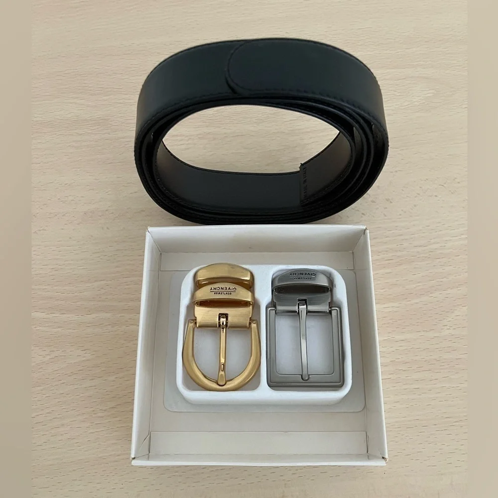 Givenchy Men’s Black Leather Belt Gift Set Two Buckles Gentleman Collection NIB